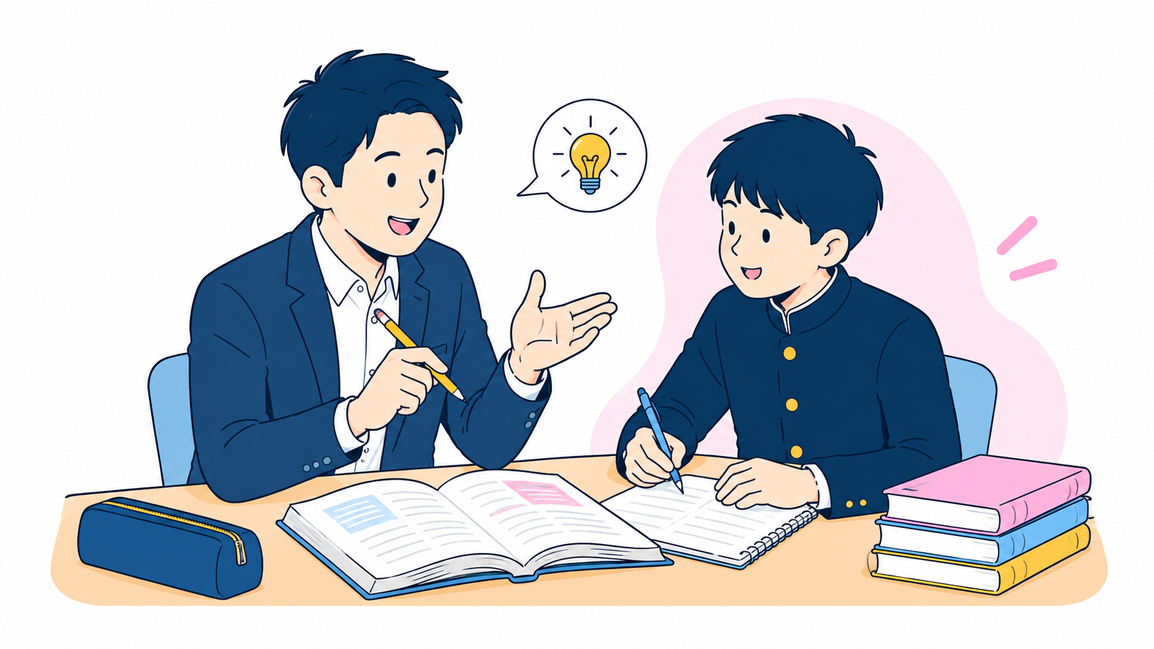 塾長と生徒が一緒に学習している様子